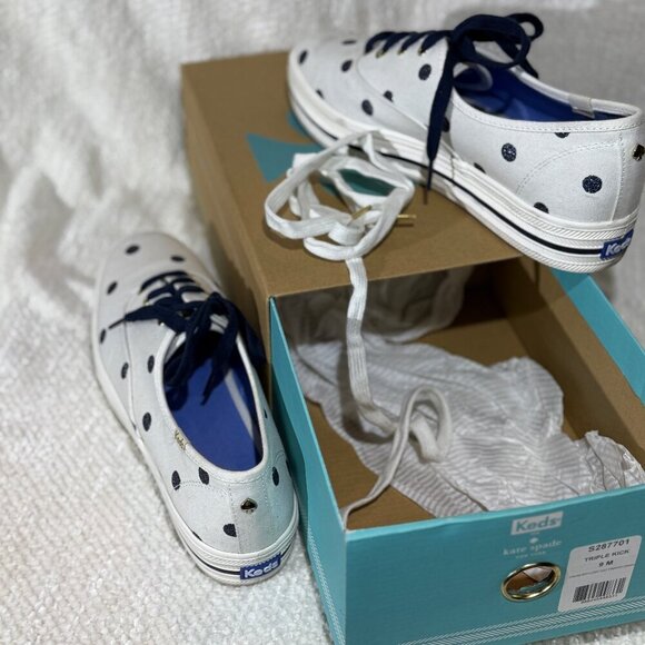 Keds x kate spade Platform Sneakers 9M White/Blue Glitter Dots EUC w/ Box - Picture 3 of 8